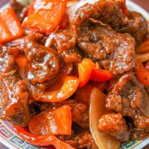 Copycat Panda Express Beijing Beef on a plate.