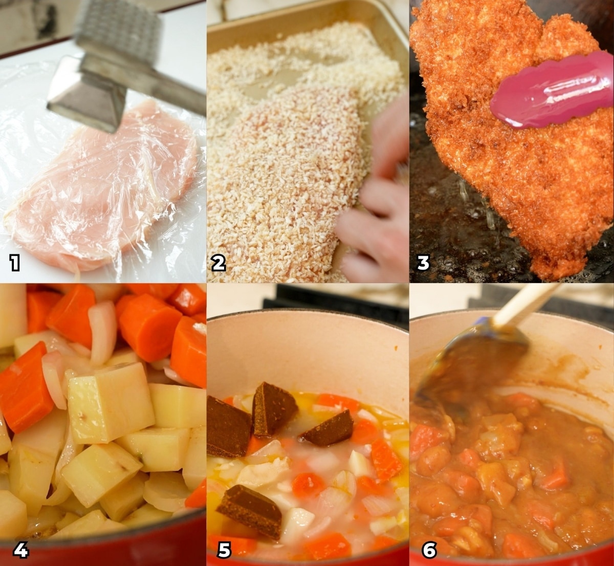 A 6 photo collage showing key cooking steps on how to make Chicken Katsu Curry at home.