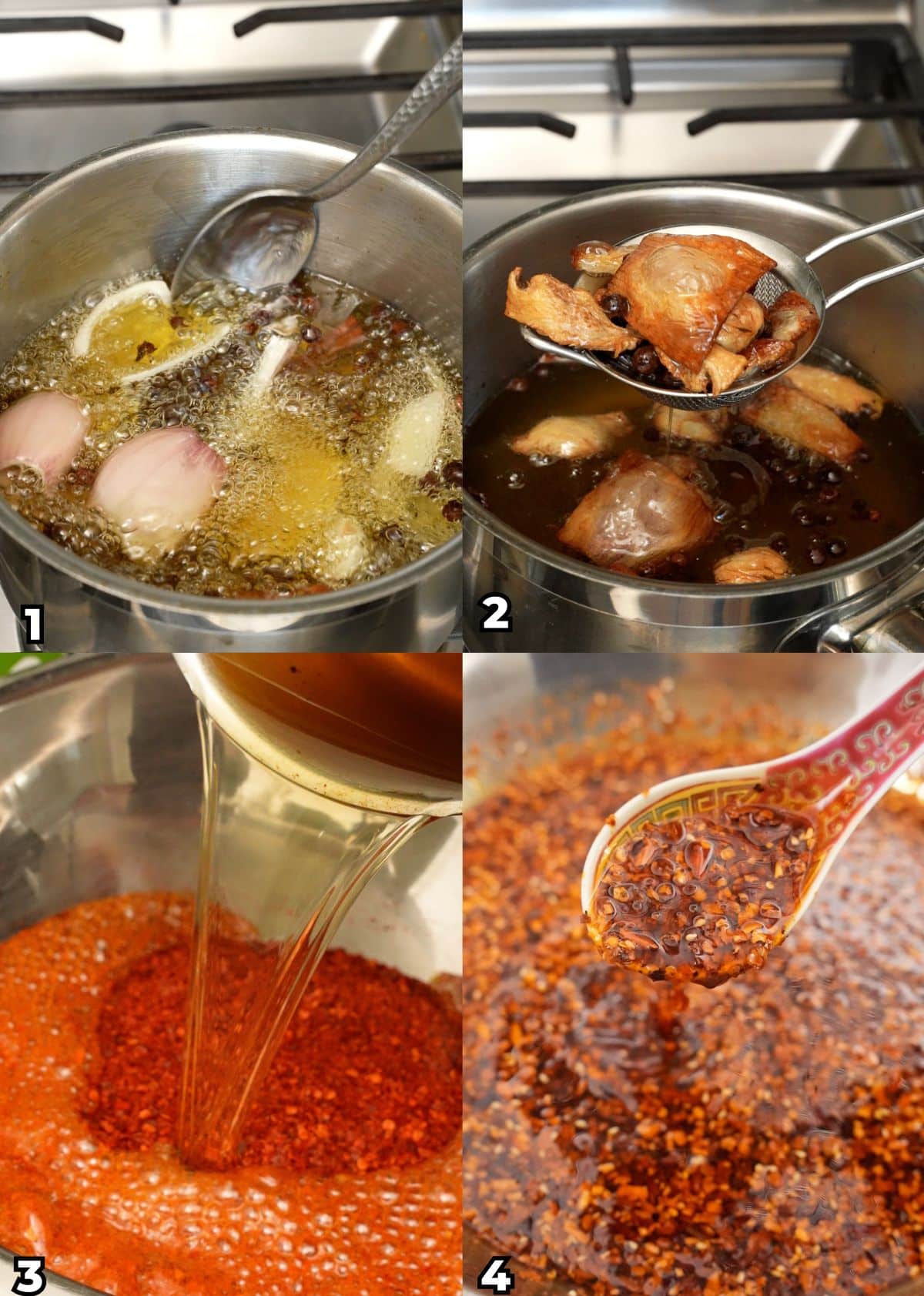 A 4 photo collage showing key cooking steps on how to make authentic Chinese chili oil at home.