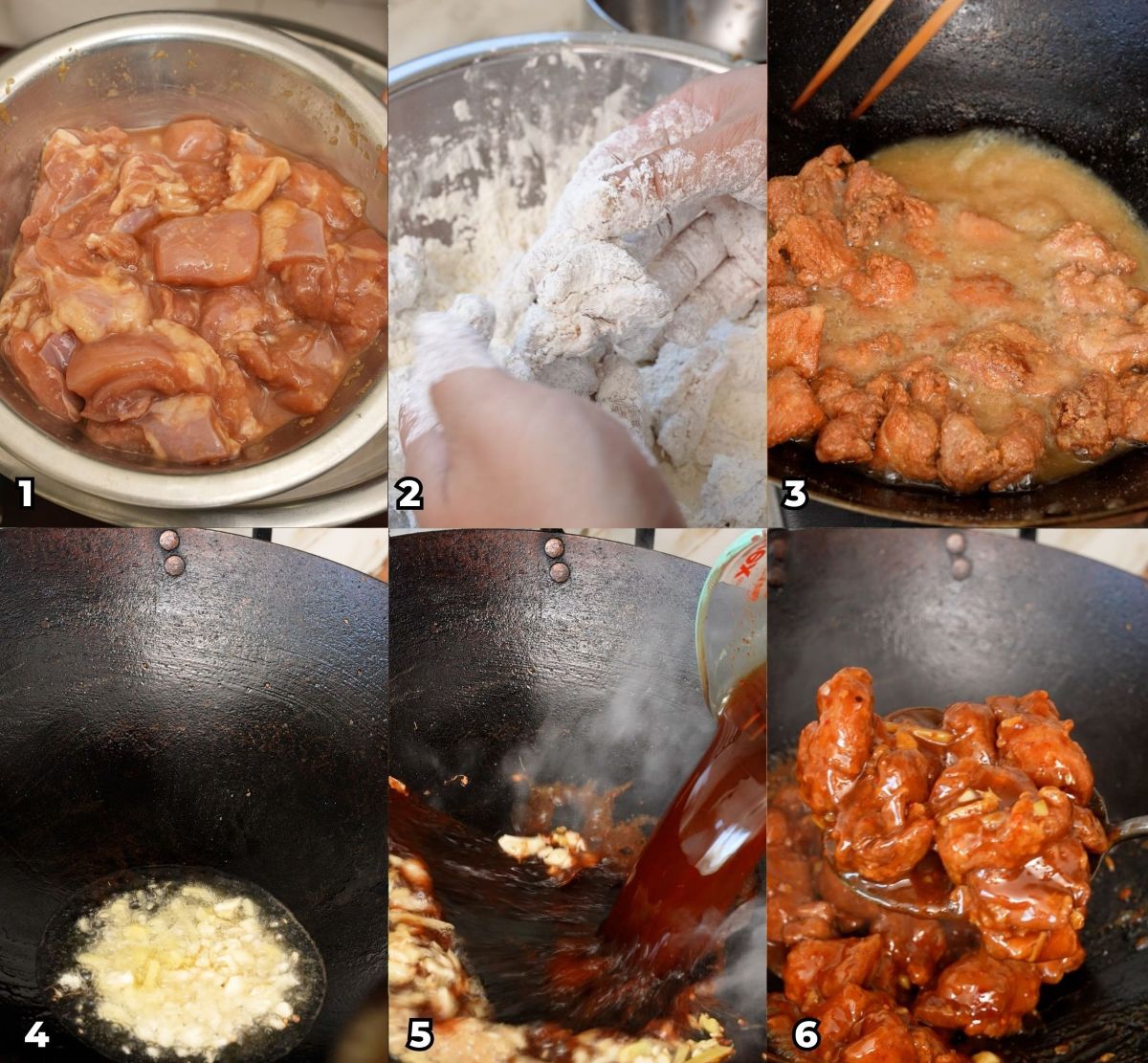 A 6 photo collage showing key cooking steps on how to make authentic takeout General Tso's Chicken at home.