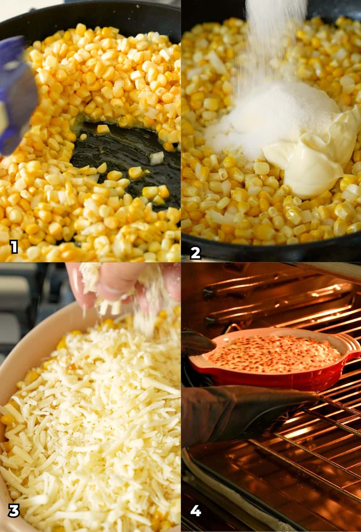 A 4 photo collage of the cooking steps on how to make Korean corn cheese side dish at home.