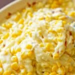 Korean corn cheese side dish in a baking dish.