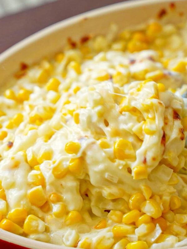 Korean corn cheese side dish in a baking dish.