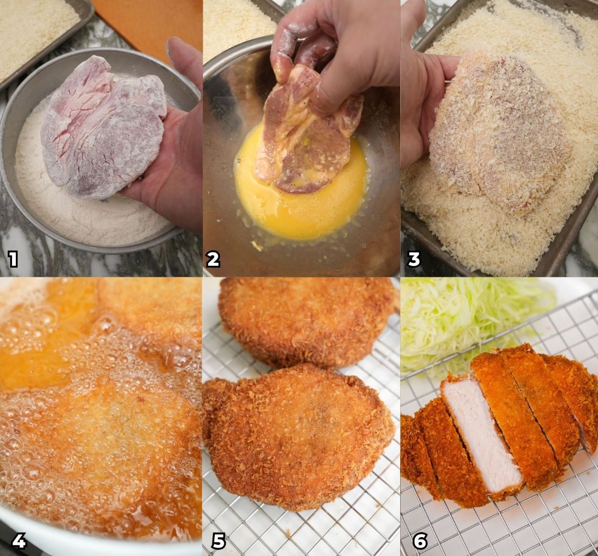 A 6 photo collage showing key cooking steps on how to make authentic Pork Katsu at home.
