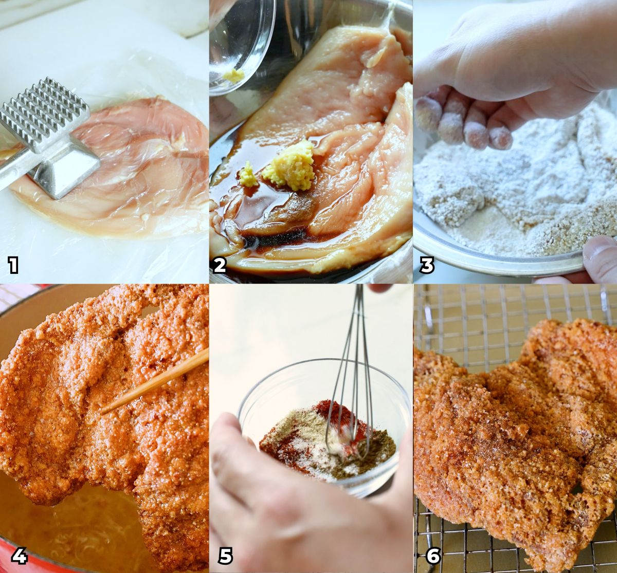 A 6 photo collage showing key cooking steps on how to make Taiwanese XXL Fried Chicken at home.