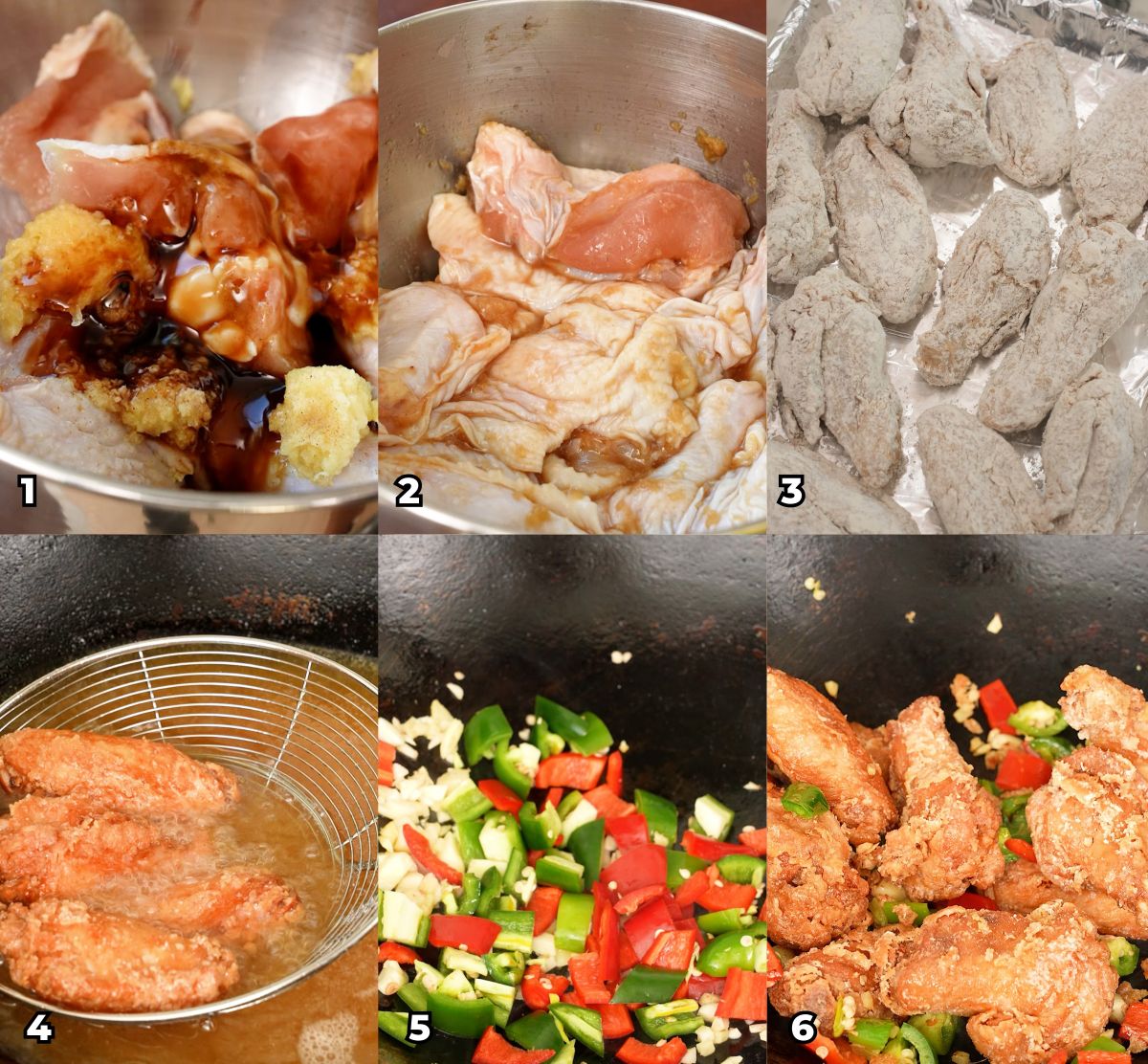 A 6 photo collage showing key cooking steps on how to make crispy Chinese Salt and Pepper Wings.