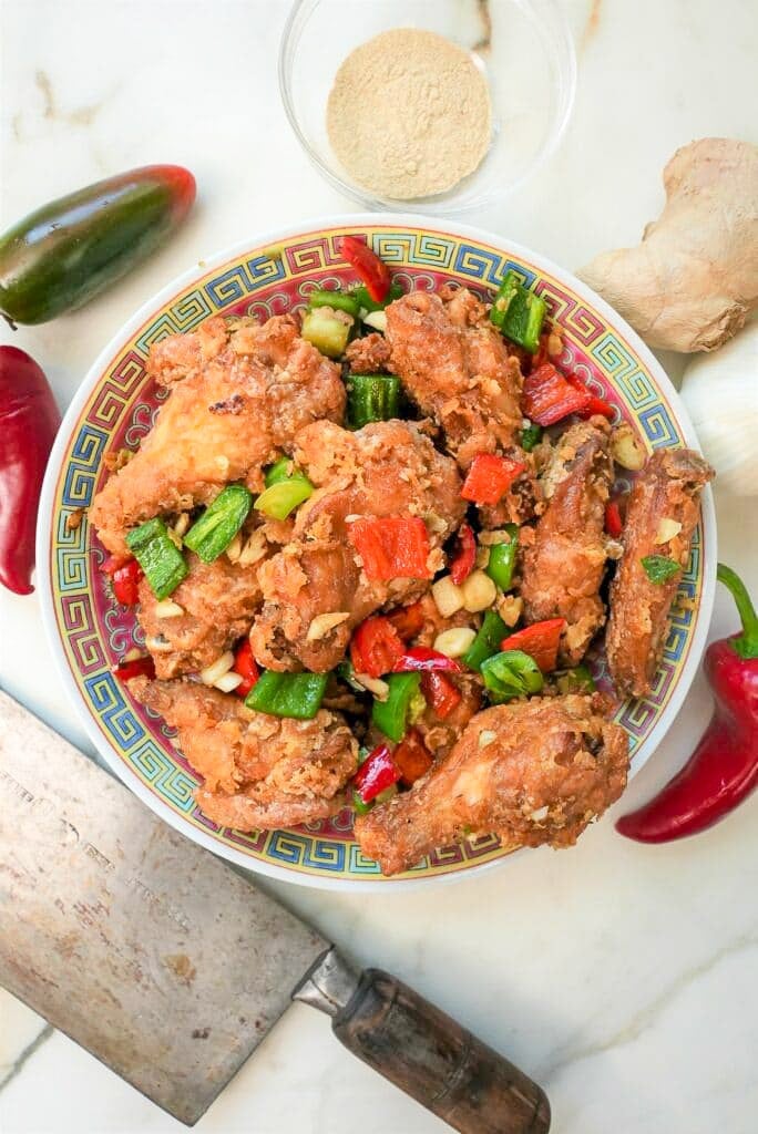 Crispy Chinese Salt and Pepper Chicken Wings on a plate.