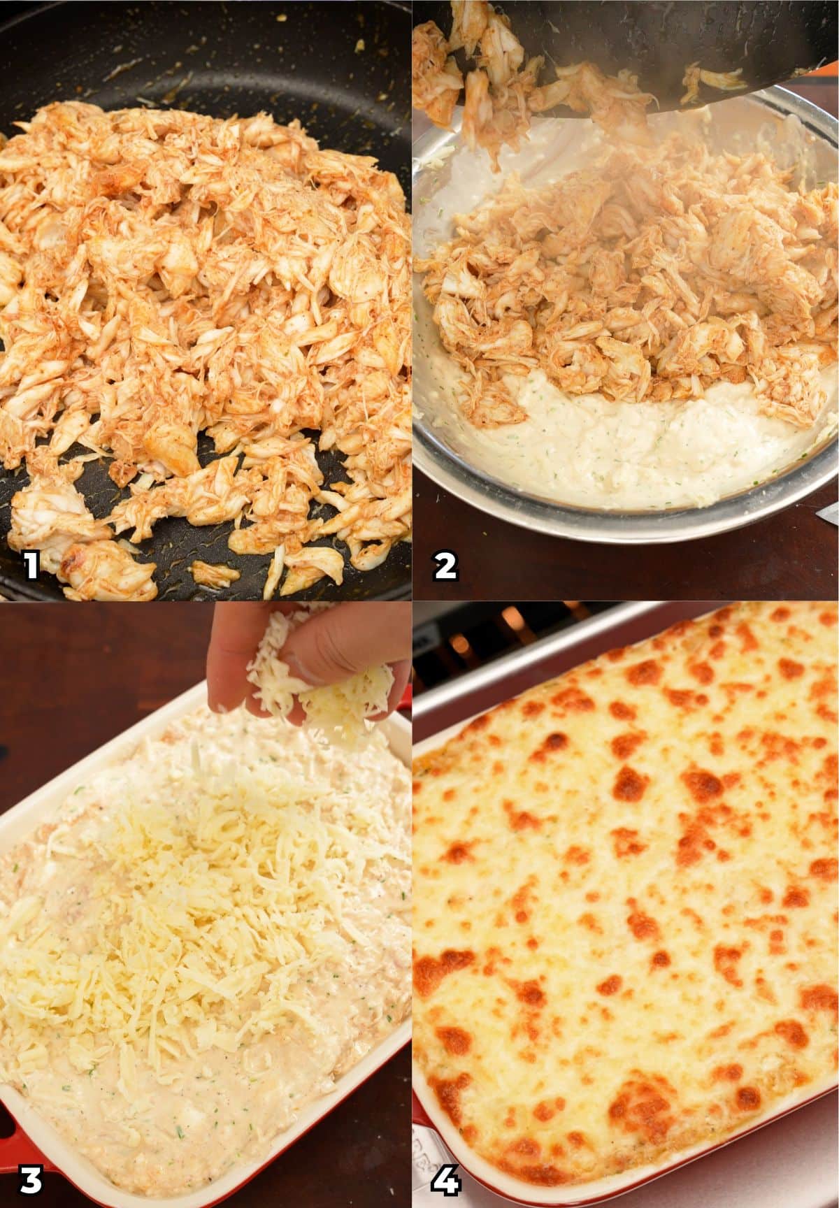 This is a 4 photo collage of key cooking steps showing how to make Baked crab dip at home.