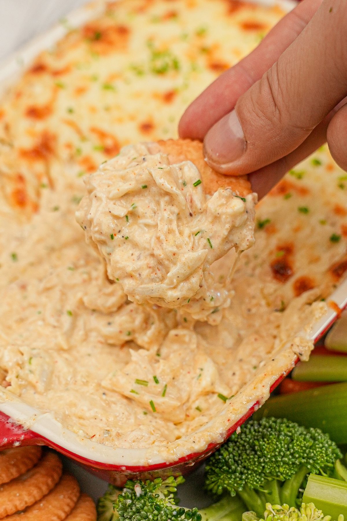 Hot Baked Crab dip being scopped with a ritz cracker.