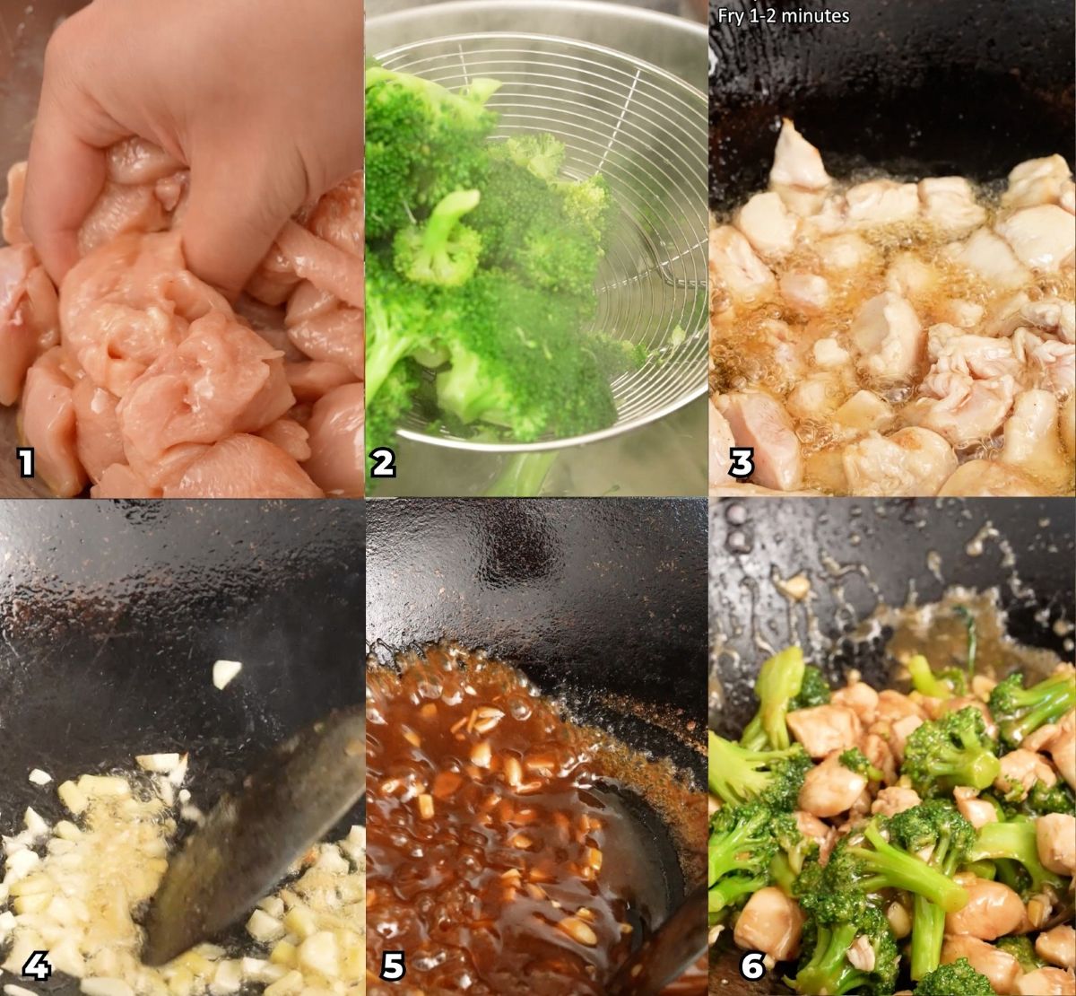 A 6 photo collage showing key cooking steps on how to make an authentic better than takeout Chicken and Broccoli at home.