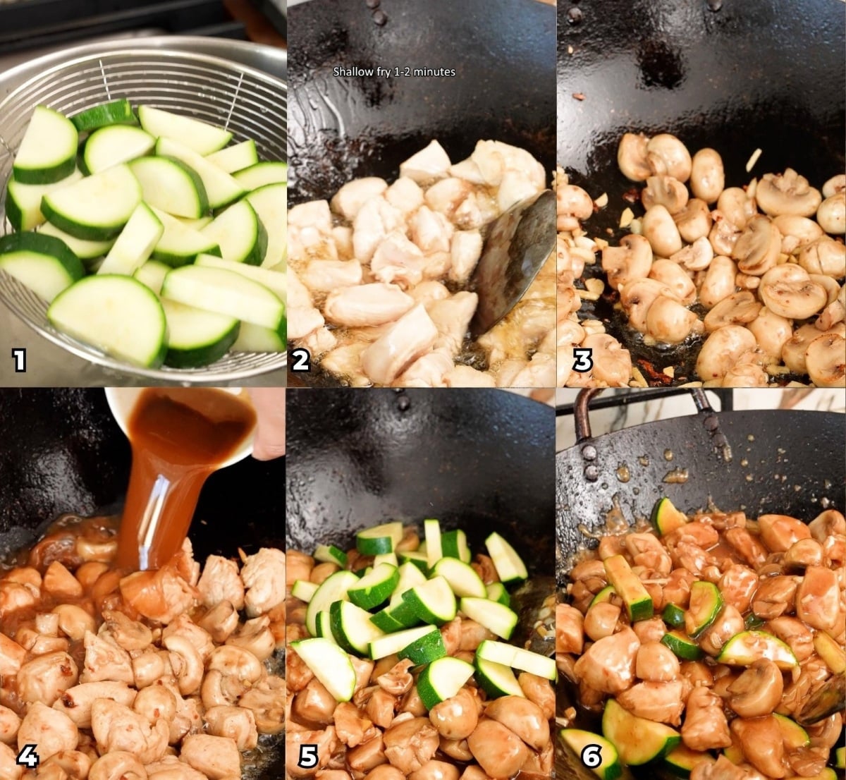 A 6 photo collage showing key cooking steps on how to make Chicken and Broccoli at home.