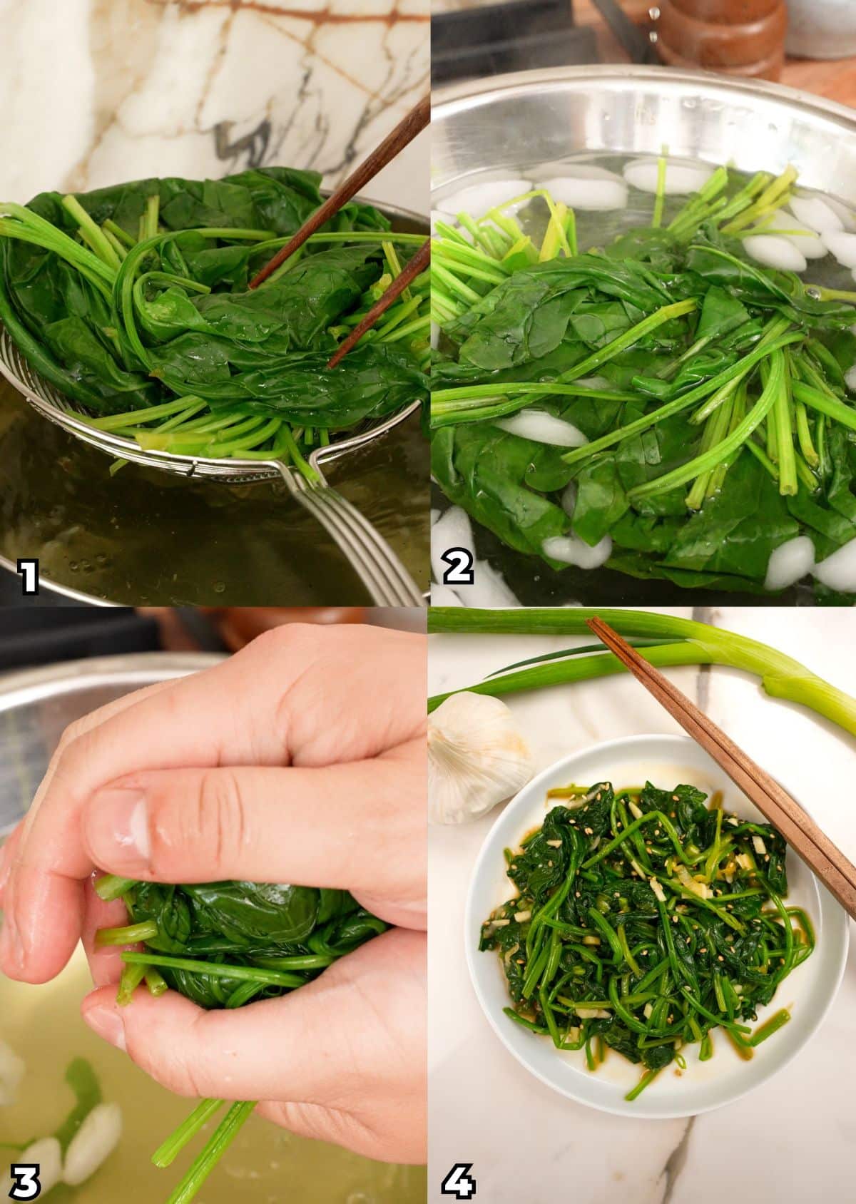 A 4 photo collage showing key cooking steps on how to make an easy korean spinach side dish at home.