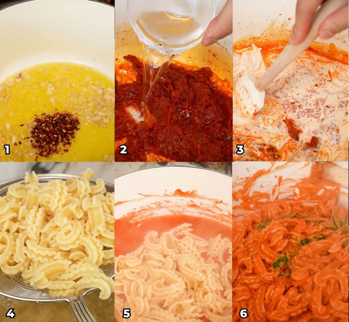 A 6 photo collage showing key cooking steps on how to make Spicy Vodka Pasta at home.