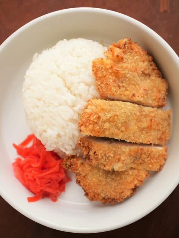 Top down of air fryer chicken katsu with rice