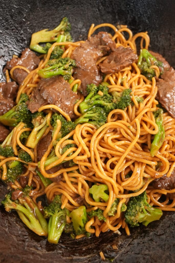 Beef and Broccoli Noodles in a wok