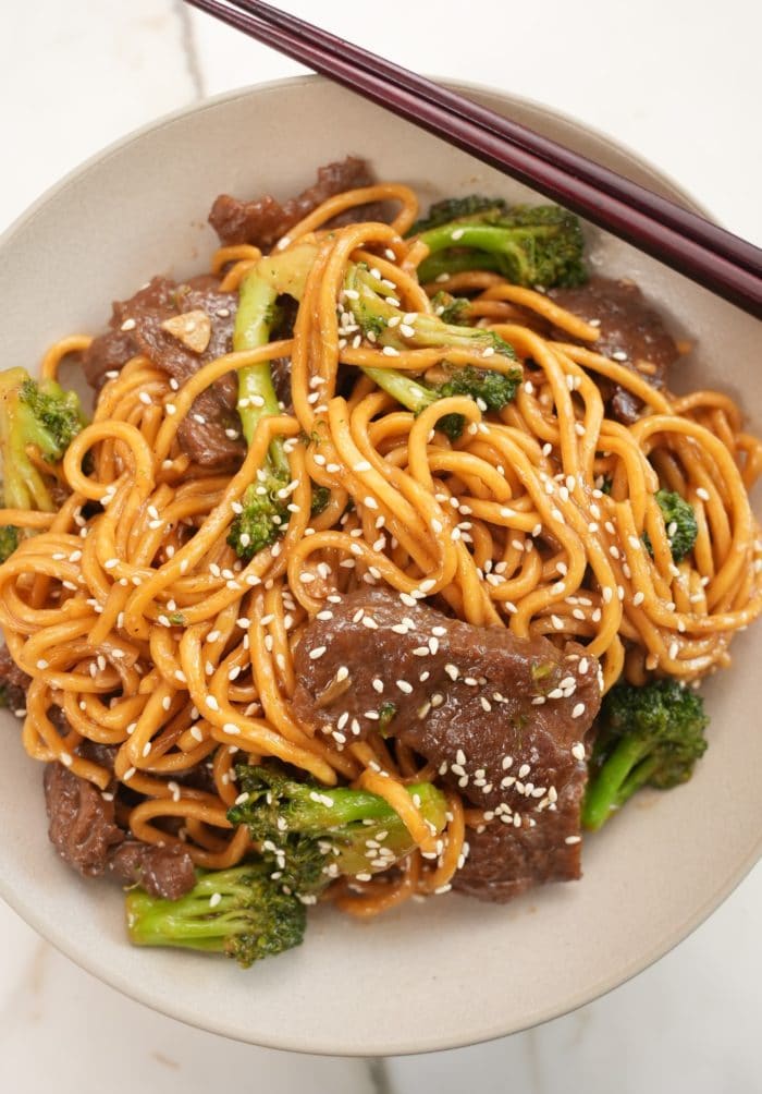 Beef and Broccoli Noodles in a bowl