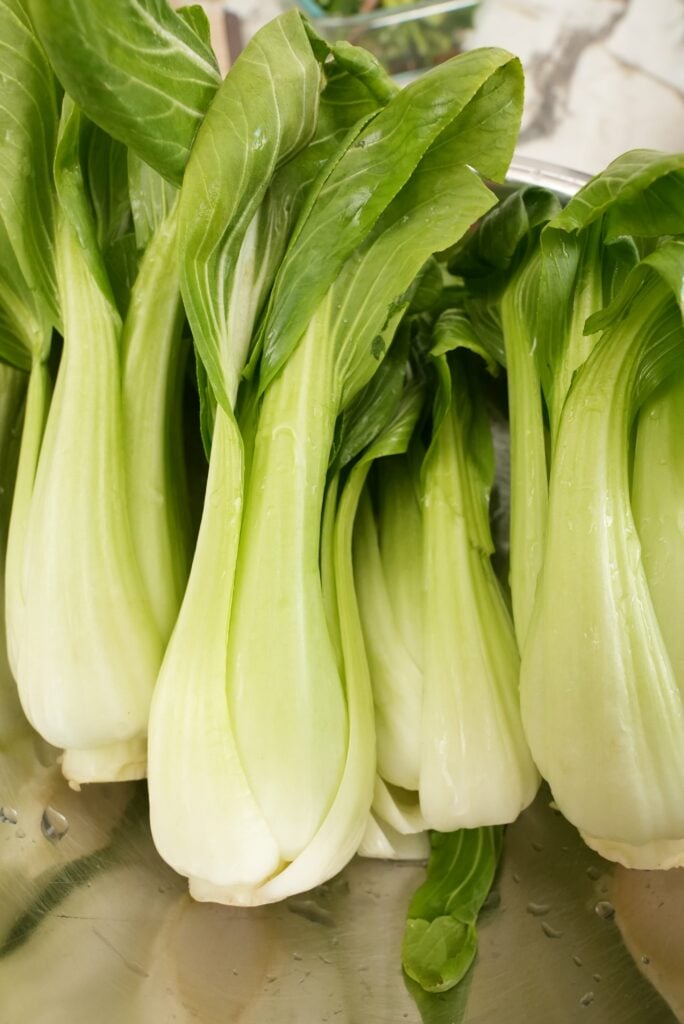 Washed baby bok choy in a metal bowl