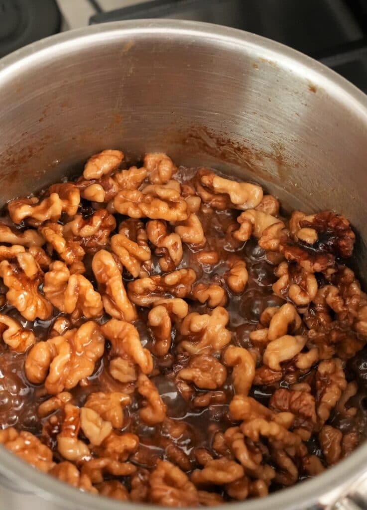 Candied walnuts in a pan