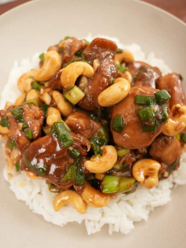 Close up of Cashew chicken on rice