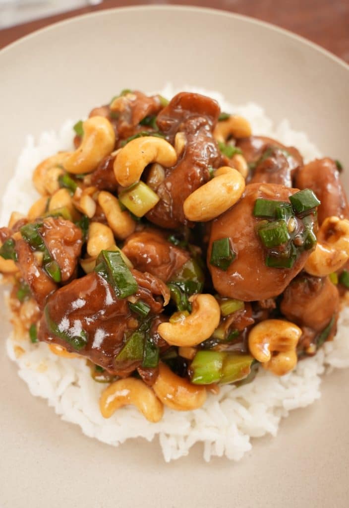 Close up of Cashew chicken on rice