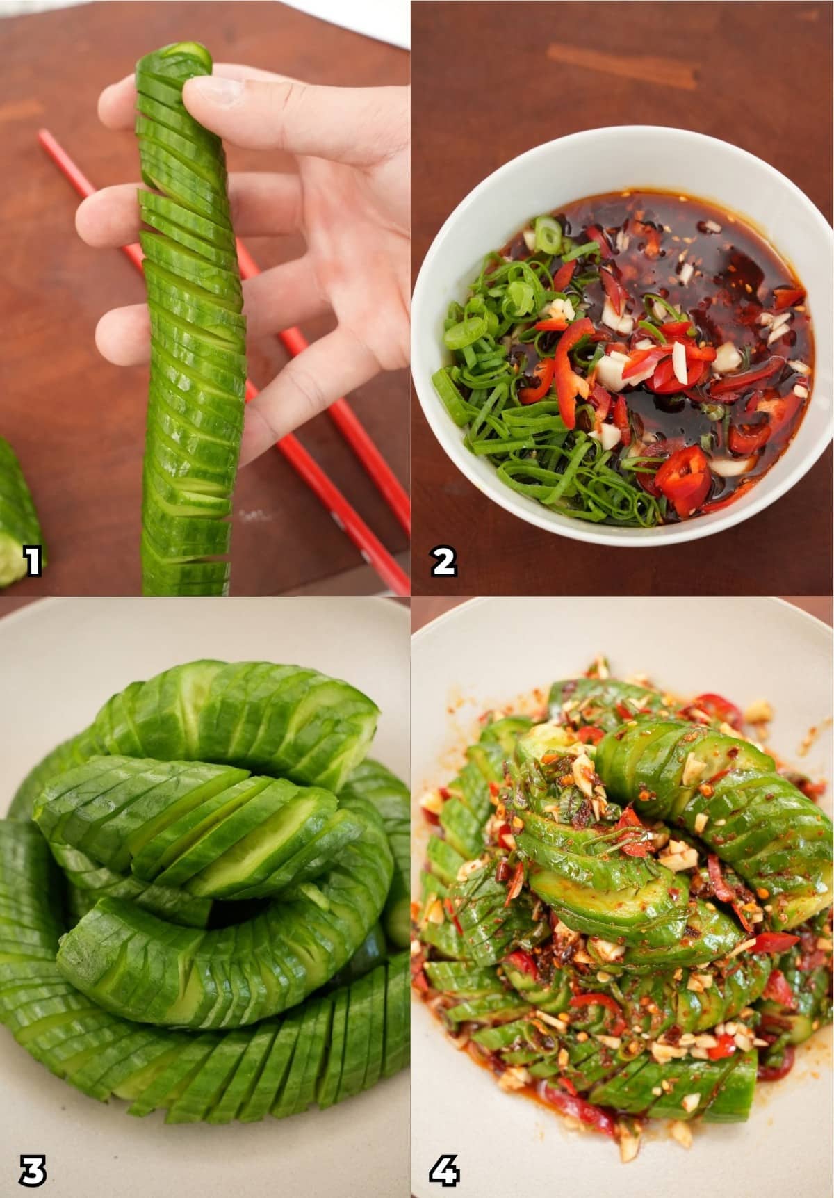 A 4 photo collage showing key cooking steps on how to make a Chili garlic cucumber salad spiral at home.