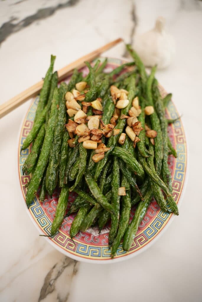 Close up of Chinese garlic green beans on a plate