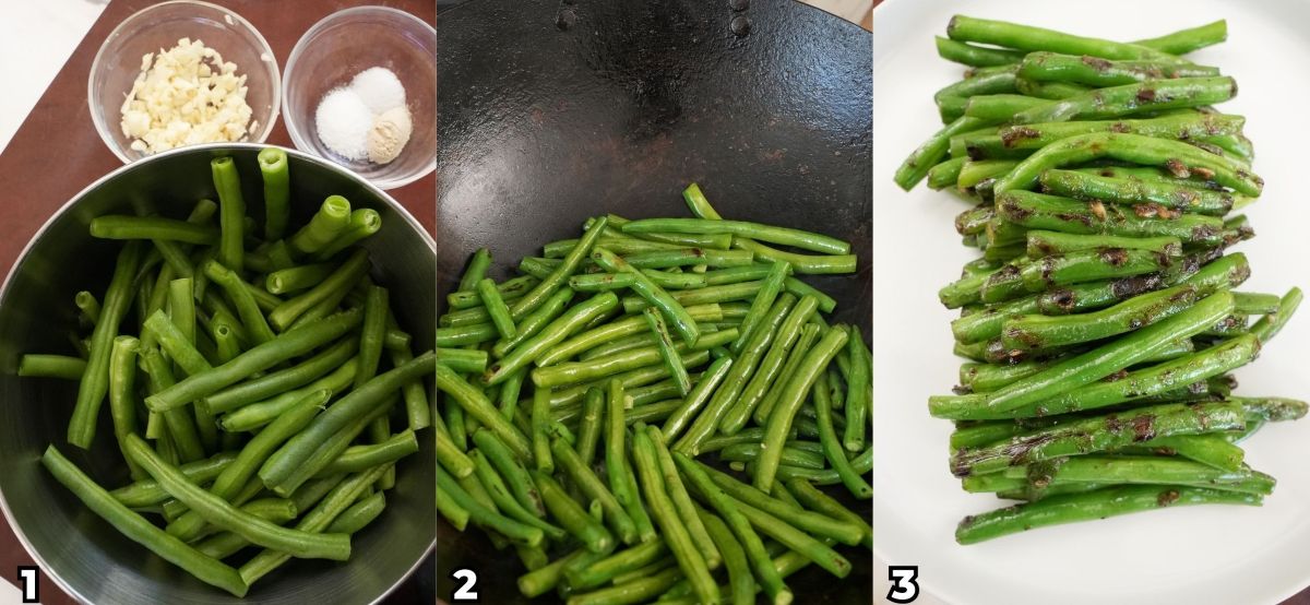 A 3 photo collage showing key cooking steps on how to make a Chinese dry fried garlic green beans at home.