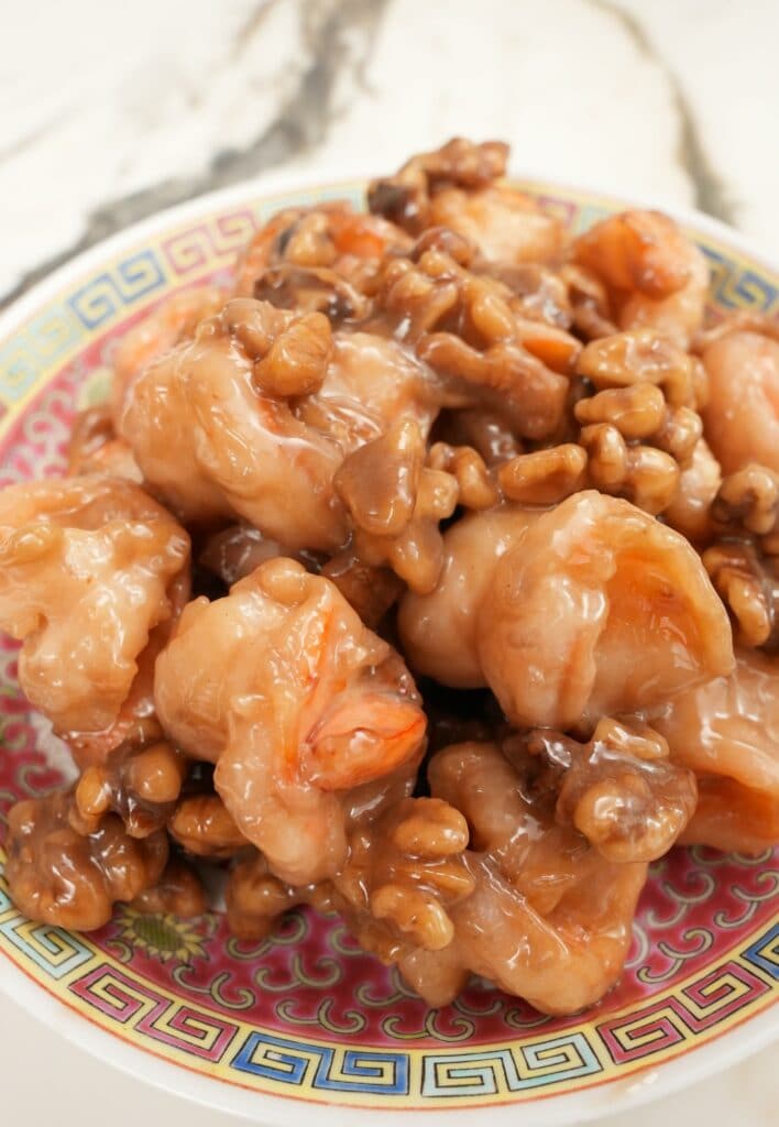 Honey Walnut Shrimp close up on a plate