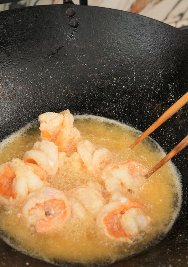 shrimp frying in oil