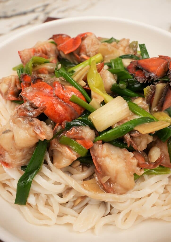 Close up of lobster noodles in bowl