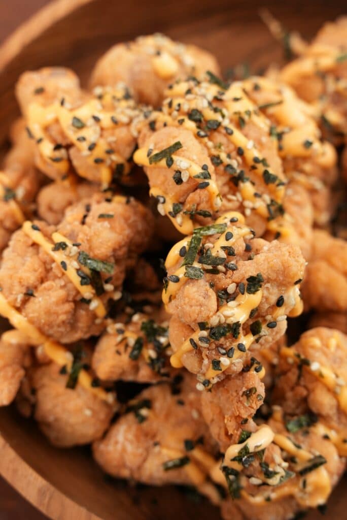 Mochiko Fried Chicken close up with furikake
