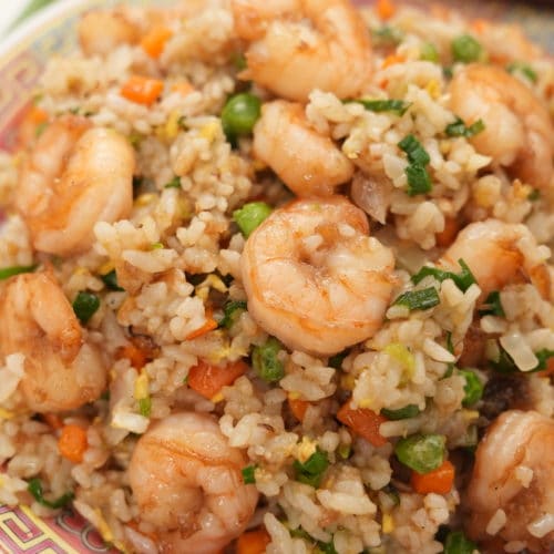 shrimp fried rice close up on a bowl