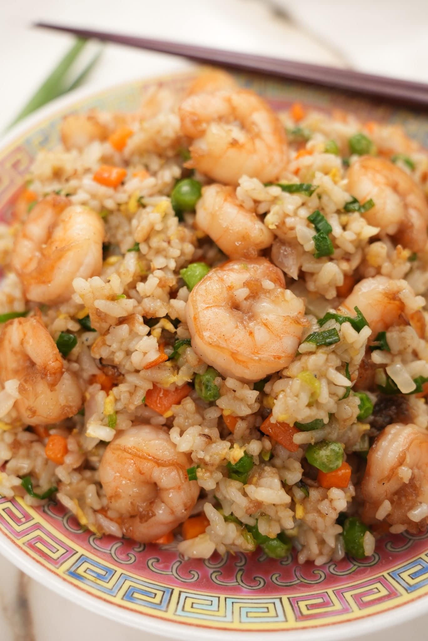 shrimp fried rice close up on a bowl