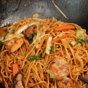 Shrimp Lo Mein in a wok