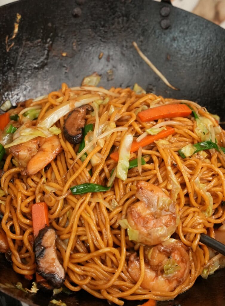 Shrimp Lo Mein in a wok