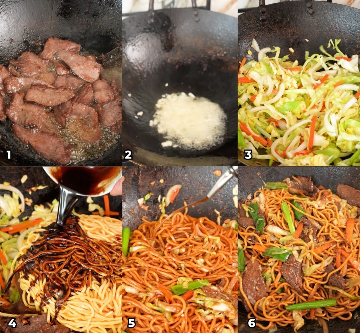 A 6 photo collage showing key cooking steps on how to make Beef Lo Mein at home.