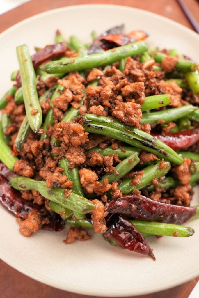Close-Up of Chinese green beans and pork on a plate