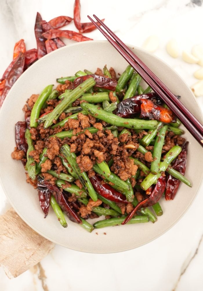 Close-up of chinese green beans with pork in a bowl