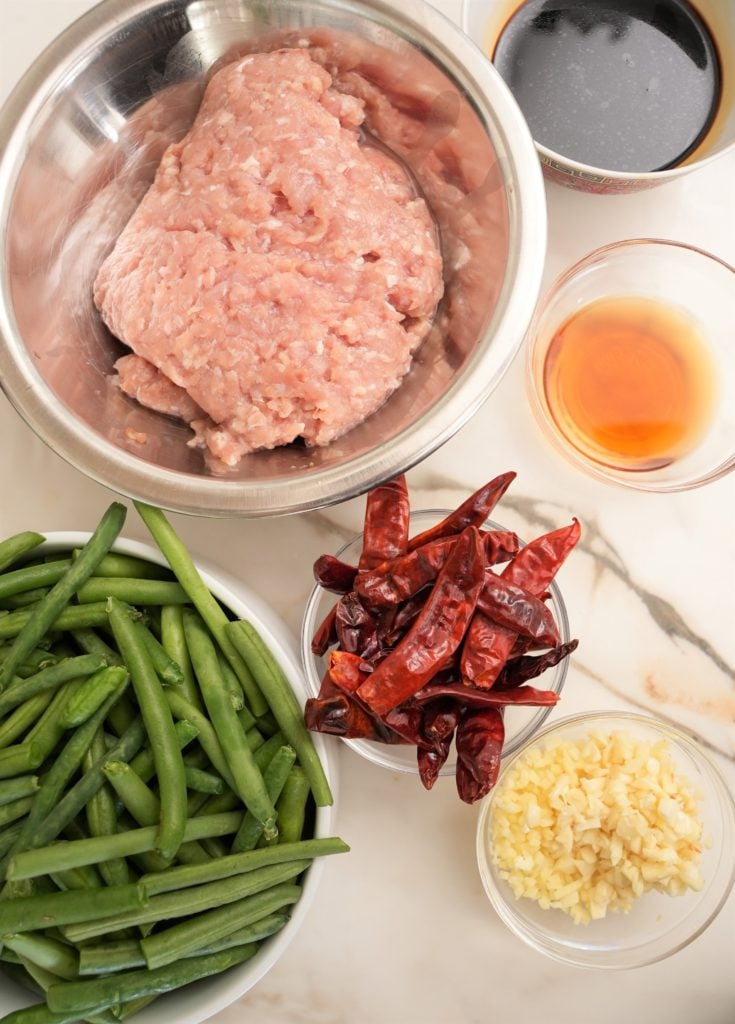 Raw ingredients for chinese green beans and pork