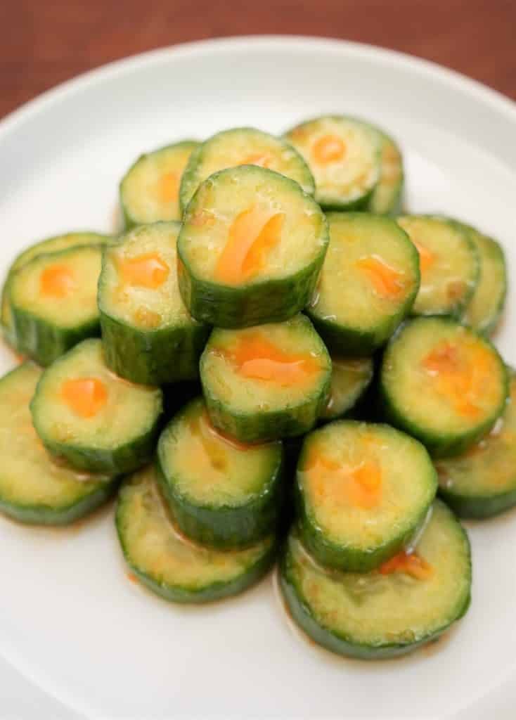 Cucumber salad plated on a plate