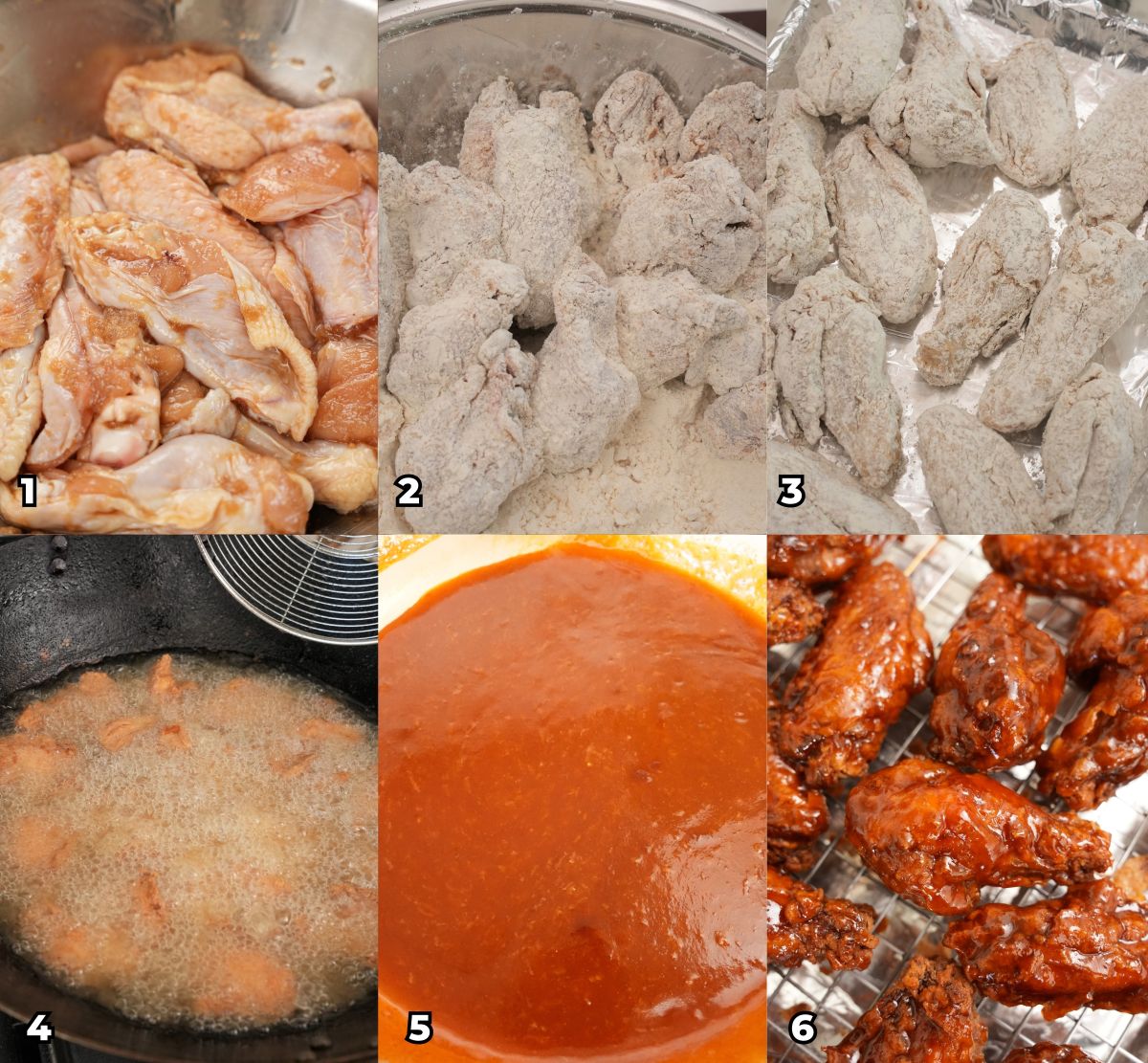A 6 photo collage showing key cooking steps of how to make crispy Honey Sriracha Wings.