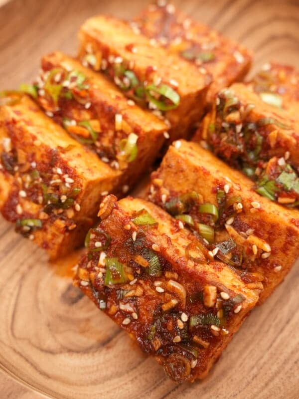 Korean Braised Tofu plated in a bowl