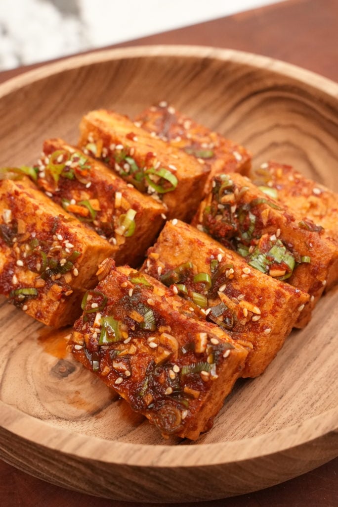 Close up of Korean Braised Tofu plated