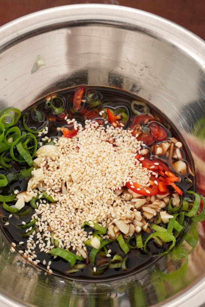 Korean marinated egg sauce in a bowl.