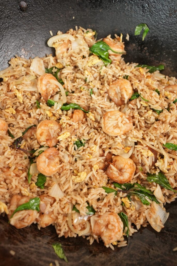 Thai Basil Fried Rice in a wok.