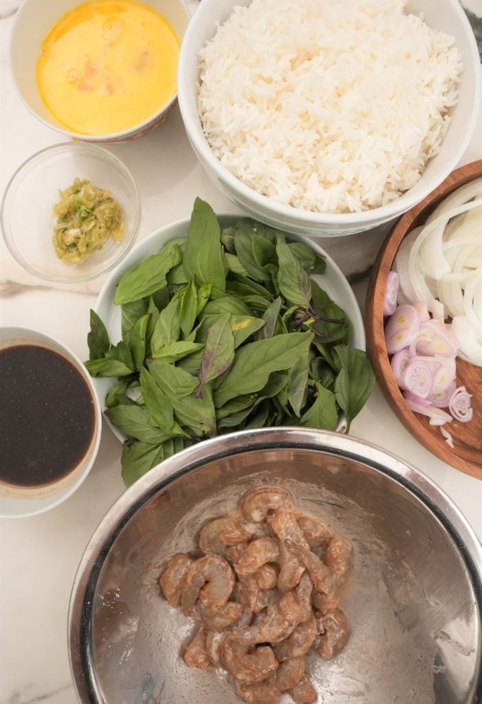 raw ingredients for thai basil fried rice