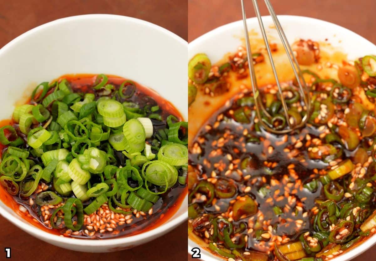 A 2 photo collage on how to make the best dumpling dipping sauce.