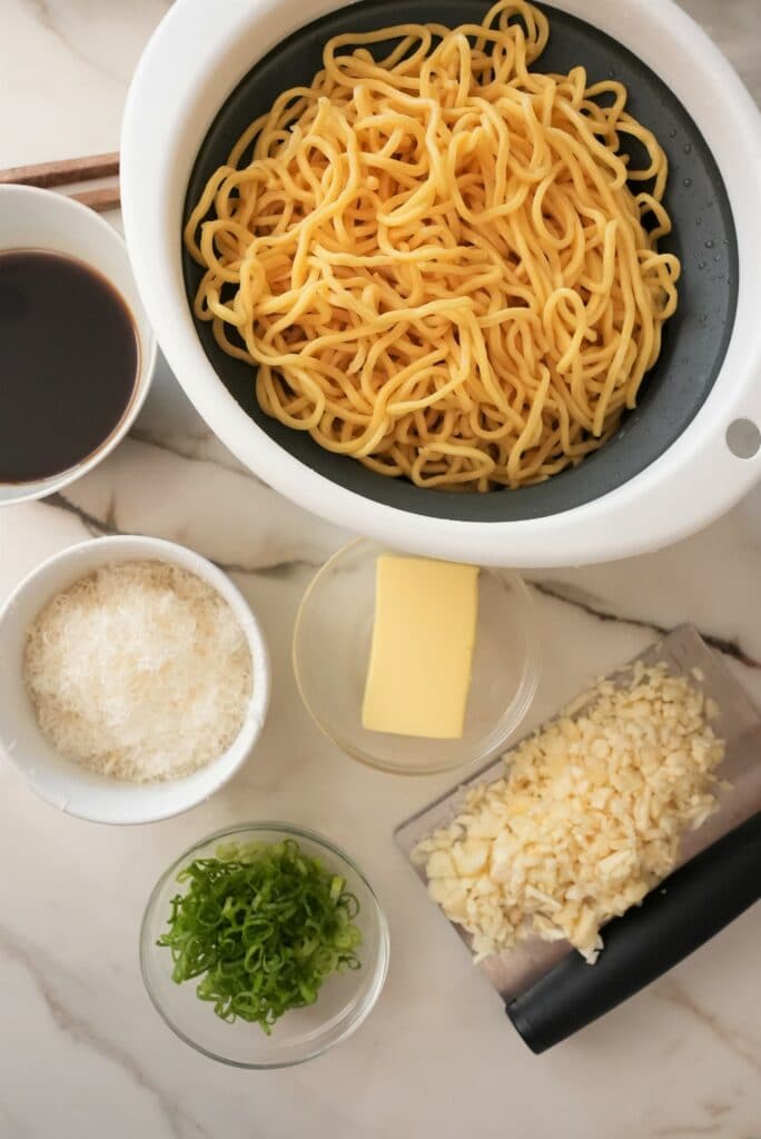 Raw Ingredients for Garlic Noodles displayed on a table.