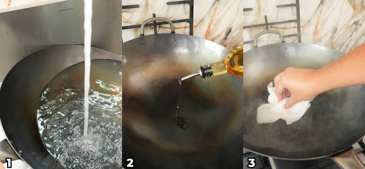 A 3 photo collage showing how to maintain a wok after cooking once seasoned.