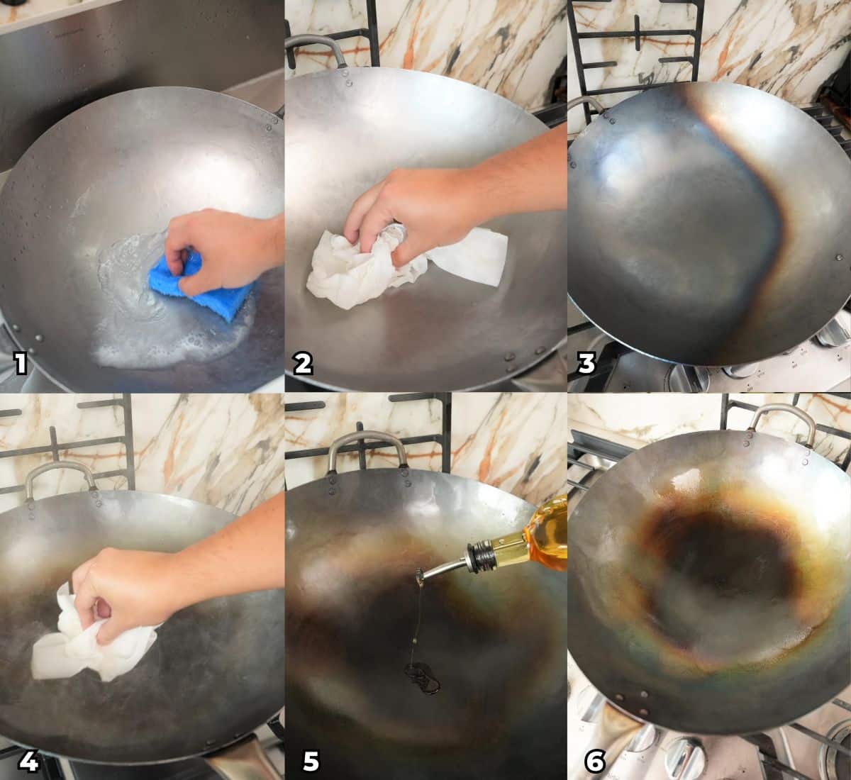 A 6 photo collage showing key steps on how to season a brand new carbon steel wok.